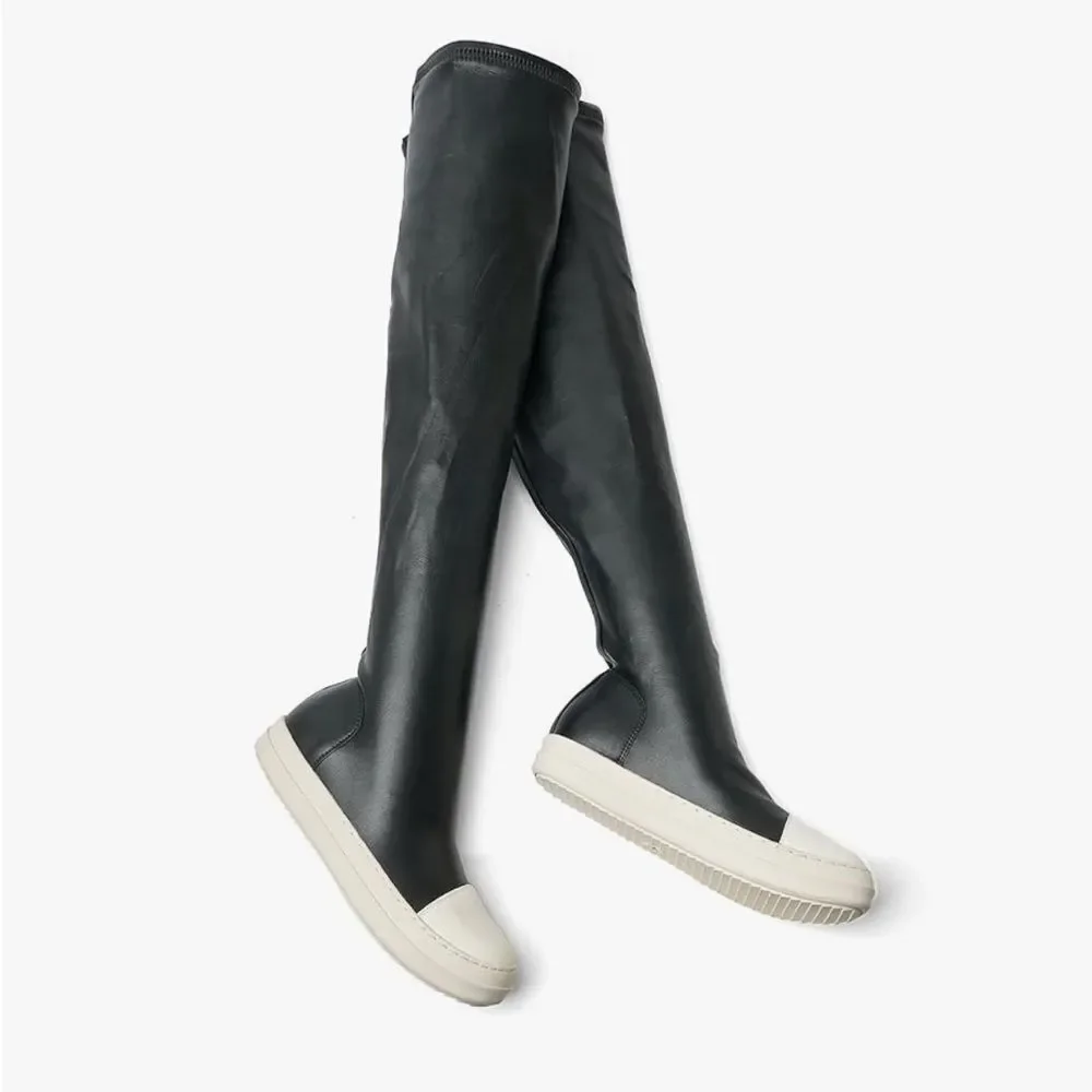 Kluolandi Black Faux Leather White Shoe Over the Knee Pull On Sneaker Boots